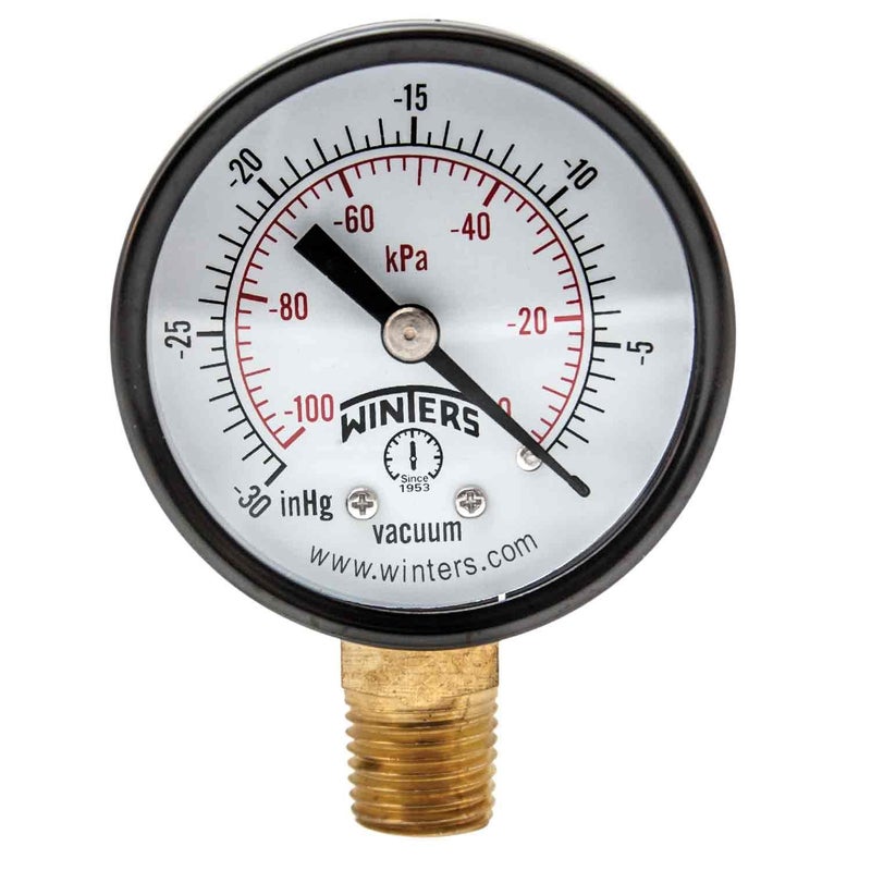 Winters Instruments Winters 2 inch Dial Size, Multi Function Economy Utility Dry Pressure Gauge, Brass Internals, Steel Case, Dual Scale 30 inch Hg-0 Vac/kPa, 3-2-3% Accuracy, 1/4" NPT Bottom Mount, Vacuum Pressure Gauge - Image 1
